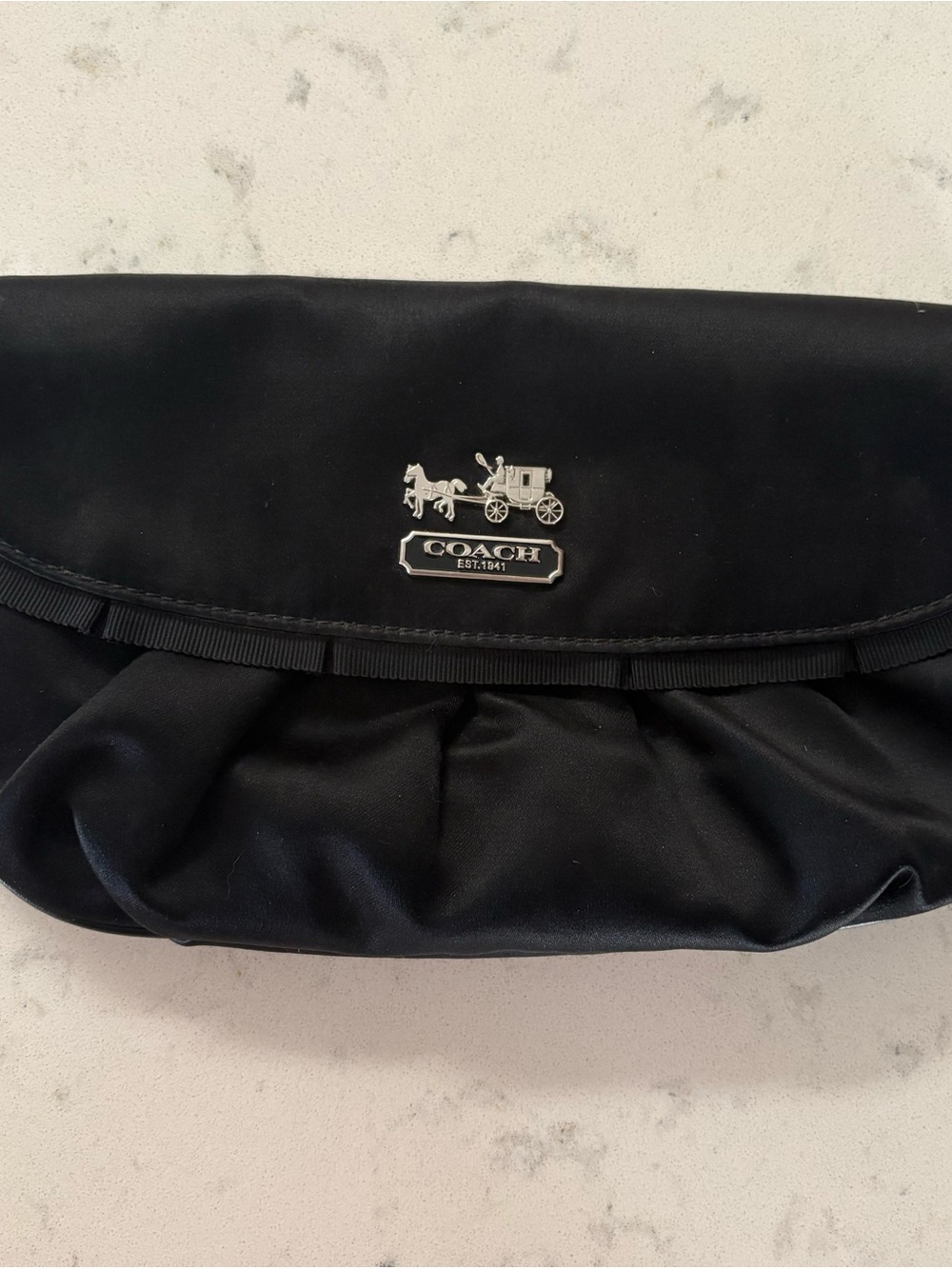 Coach Black Satin Clutch with Silver Horse & Carriage Emblem